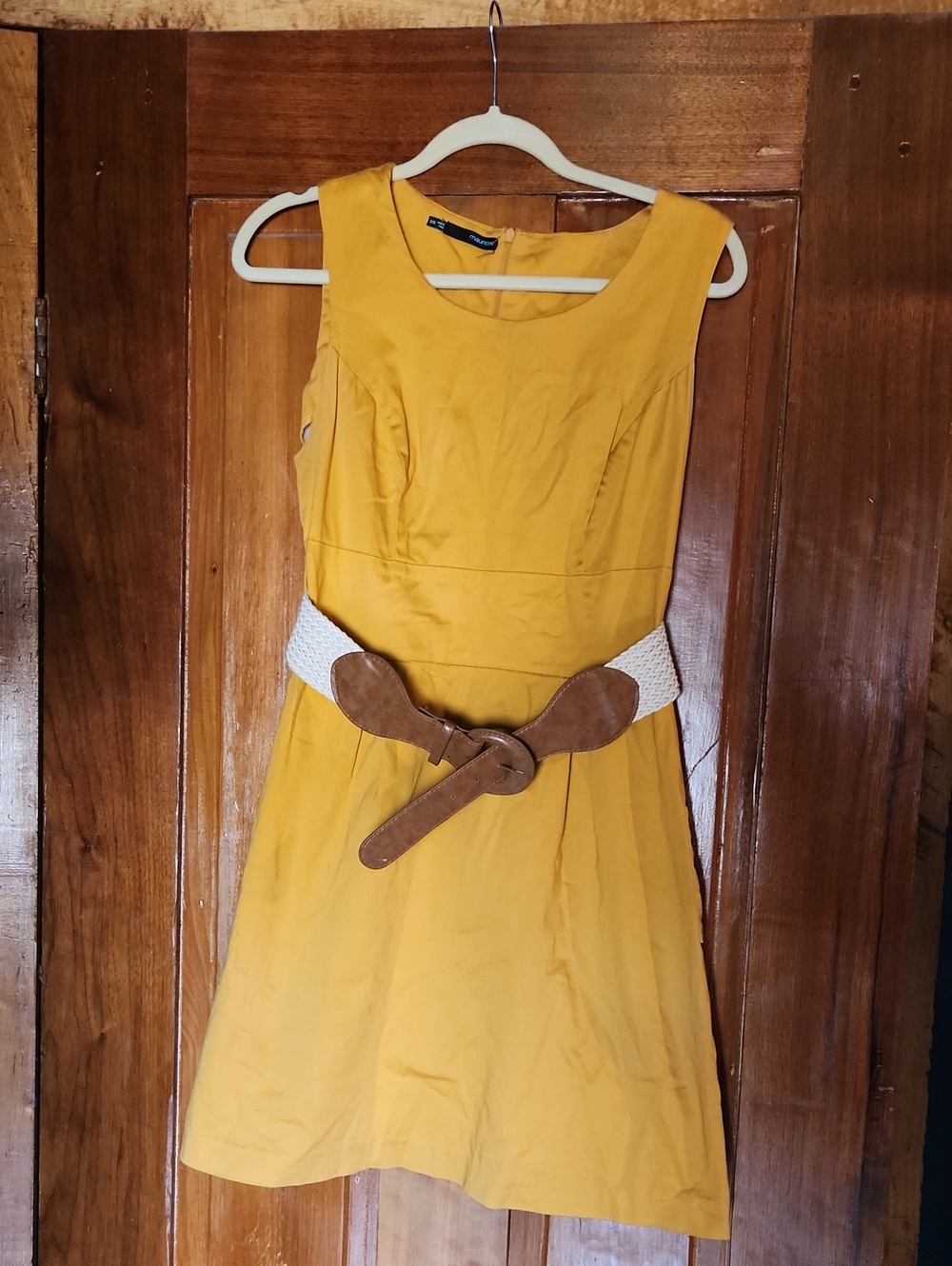Maurices Mustard Yellow Sleeveless Fit & Flare Dress with Brown Belt